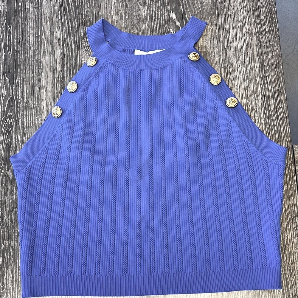 Blue Sleeveless Top with Gold Button Accents Sz XL